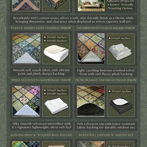 The image is a collection of various textures and materials, including true jacquet cotton, woven throw and tapestry wall art, and other decorative elements.