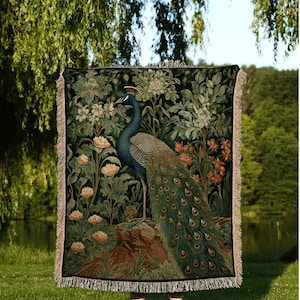 Jungle Aesthetic Peacock Throw | William Morris inspired Throw Blanket Vintage Cottagecore Woodland Goth Decor Woven Throw Peacock Tapestry