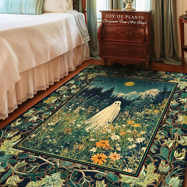 Golden Harvest Moon Ghost Rug | Spooky Vibes Halloween Aesthetic Cute ...