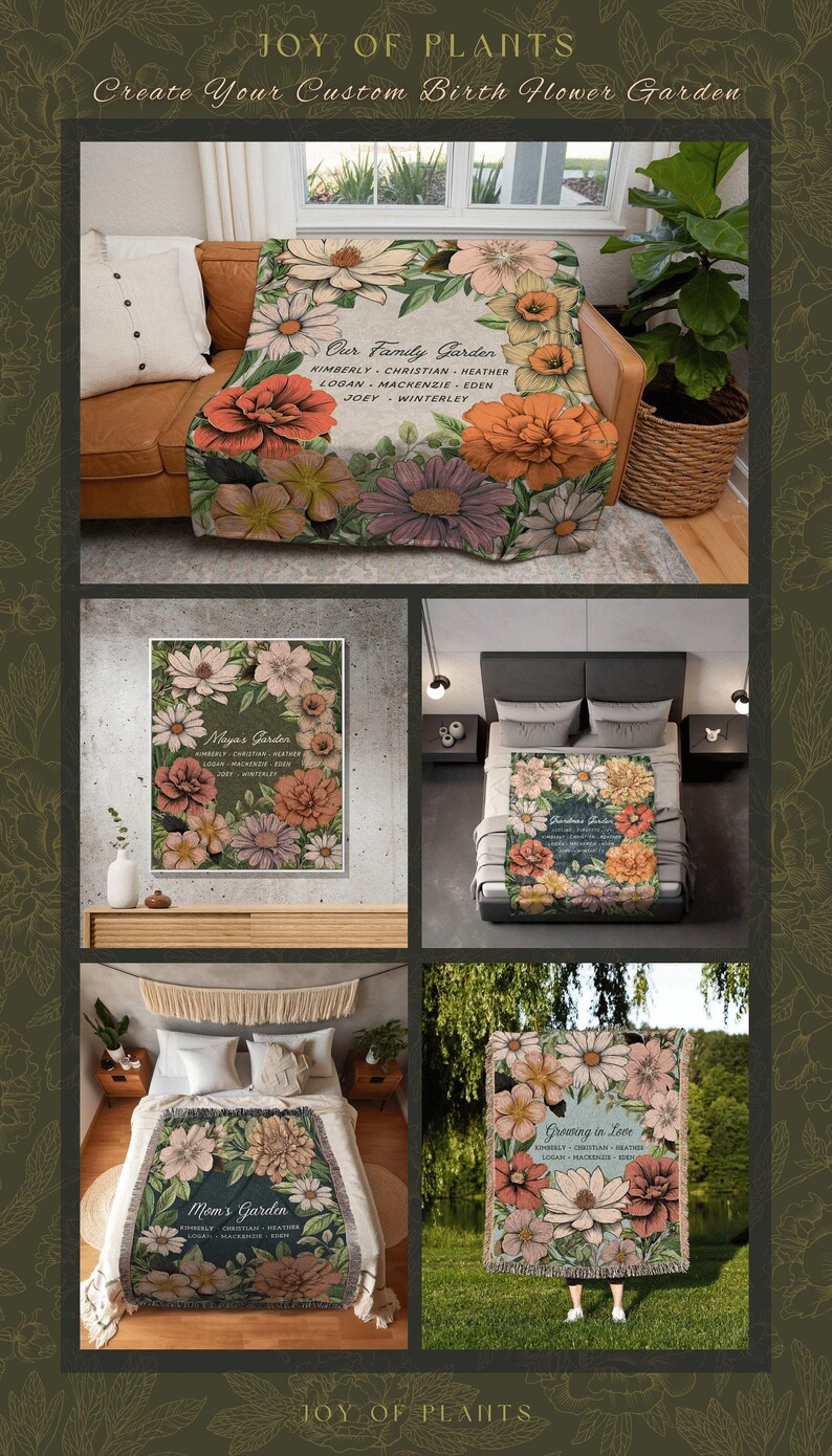 Grandma's Garden Birth Flower Blanket | Gift for Grandparents Custom Family Name Blanket Personalized Birth Month Flower Throw Blanket Woven image 7