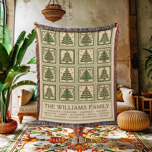Family Tree Blanket Festive Patchwork Folk Art Pine Tree Tapestry Throw, Personalized Sentimental Christmas Gift for Grandparents with Names