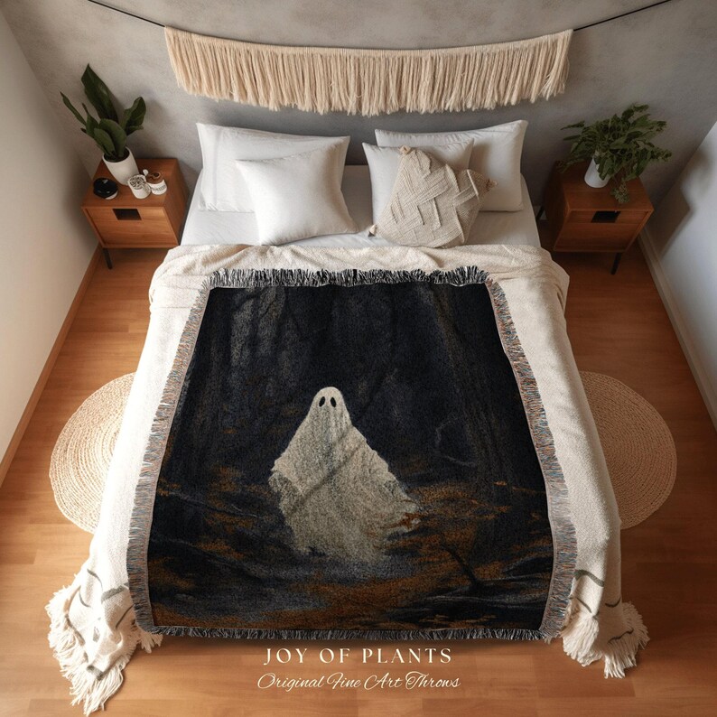 Dark Academia Room Decor Ghost Blanket Woven Throw | Macabre Wall Art Occult Decor Spooky Ghost Tapestry Gothic Gift Dark Cottagecore Decor image 2
