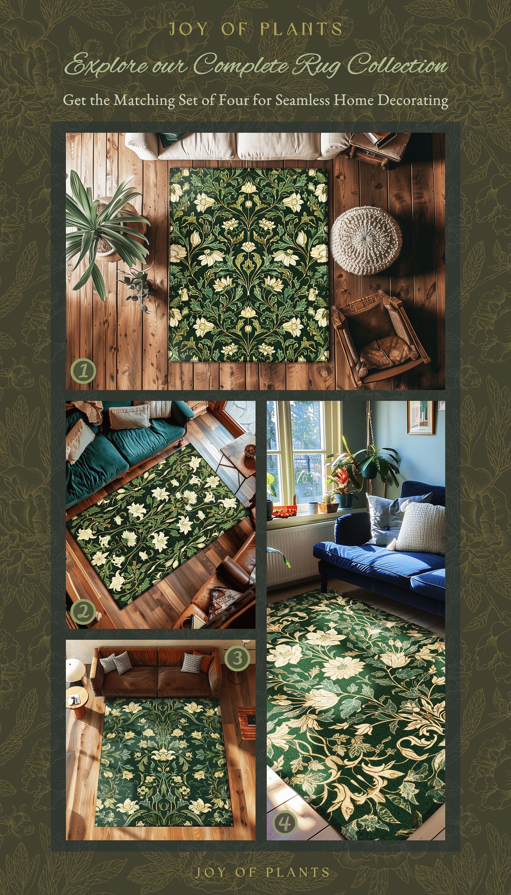 Victorian Gothic Floral Forest Green Rug Dark Botanical Art