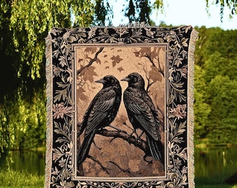 Crow Tapestry Woven Blanket Gothic Black Raven Witchy Woven Wall Art | Crowcore Decor Aesthetic Halloween Vintage Aesthetic Gothic Tapestry