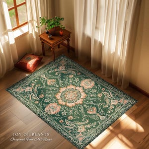 Statement Rug for Living Room | Emerald Green Aesthetic Maximalist Room Decor Classic Ornate Victorian Rug Nordic Accent for Elegant Bedroom afbeelding 9