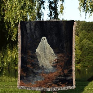 Dark Academia Room Decor Ghost Blanket Woven Throw | Macabre Wall Art Occult Decor Spooky Ghost Tapestry Gothic Gift Dark Cottagecore Decor image 1