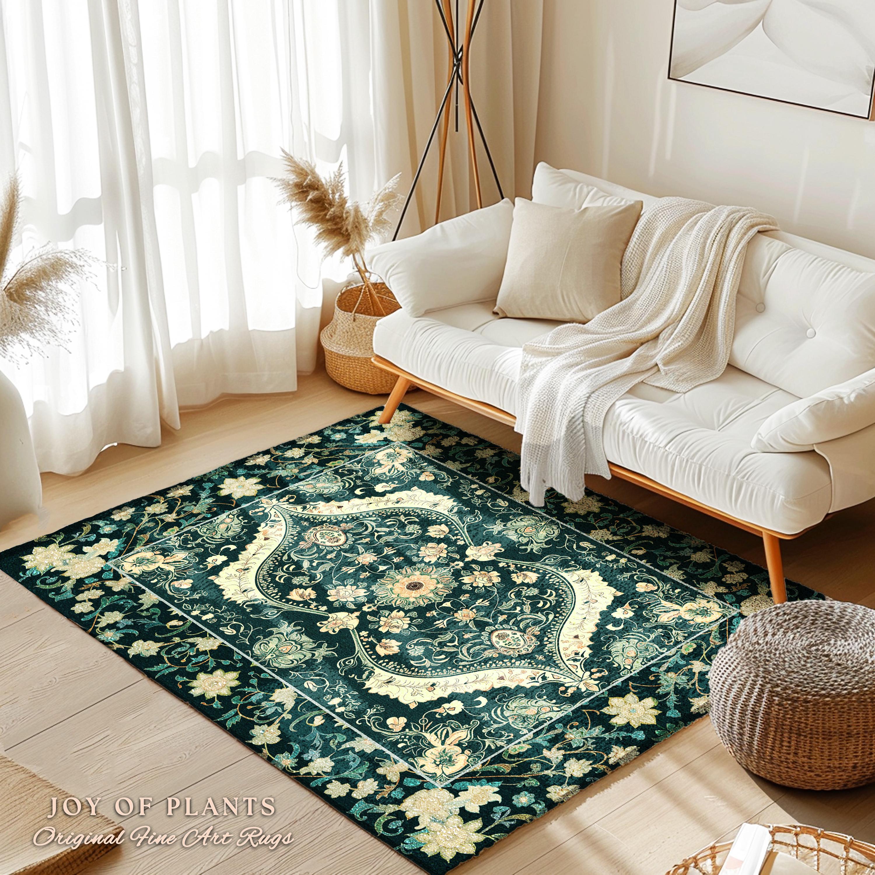 Elegant Emerald Green Art Nouveau Living Room Rug | Boho Room