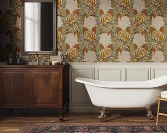 European Retro Mid-Century Wallpaper | Bold Florals Muted 70s Inspired Artistic Wall Design Peel and Stick Nostalgic Art Renter Friendly
