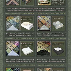 The image is a collection of various textures and materials, including true jacquet cotton, woven throw and tapestry wall art, and other decorative elements.