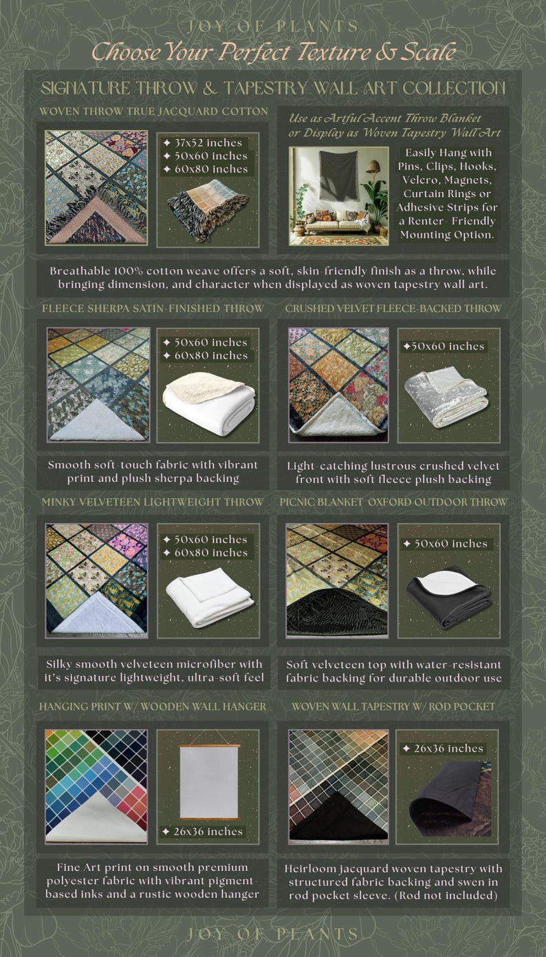 The image is a collection of various textures and materials, including true jacquet cotton, woven throw and tapestry wall art, and other decorative elements.