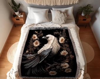 Dark Cottagecore Tapestry Woven Blanket | Crowcore Decor Blanket Woven Wall Hanging | Whimsigoth Room Decor Crow Aesthetic Halloween Vintage