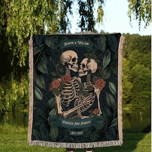 Botanical Skeleton Couple Blanket | Gothic Wedding Custom Blanket Woven Tapestry Spooky Wedding Gift Personalized Anniversary Gift for Goths
