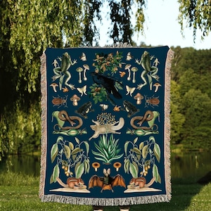 Navy Blue Botanical Tapestry Woven | Gothic Room Decor Bat Tapestry | Dark Academia Tapestry Woodland Gothic | Crowcore Tapestry Blanket |