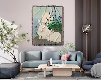 Rabbit Blanket Woven Thorw Blanket  | Vintage Japanese Art Tapestry | Japanese Rabbit Art Blanket | Ohara Koson Art Print Woven Blanket