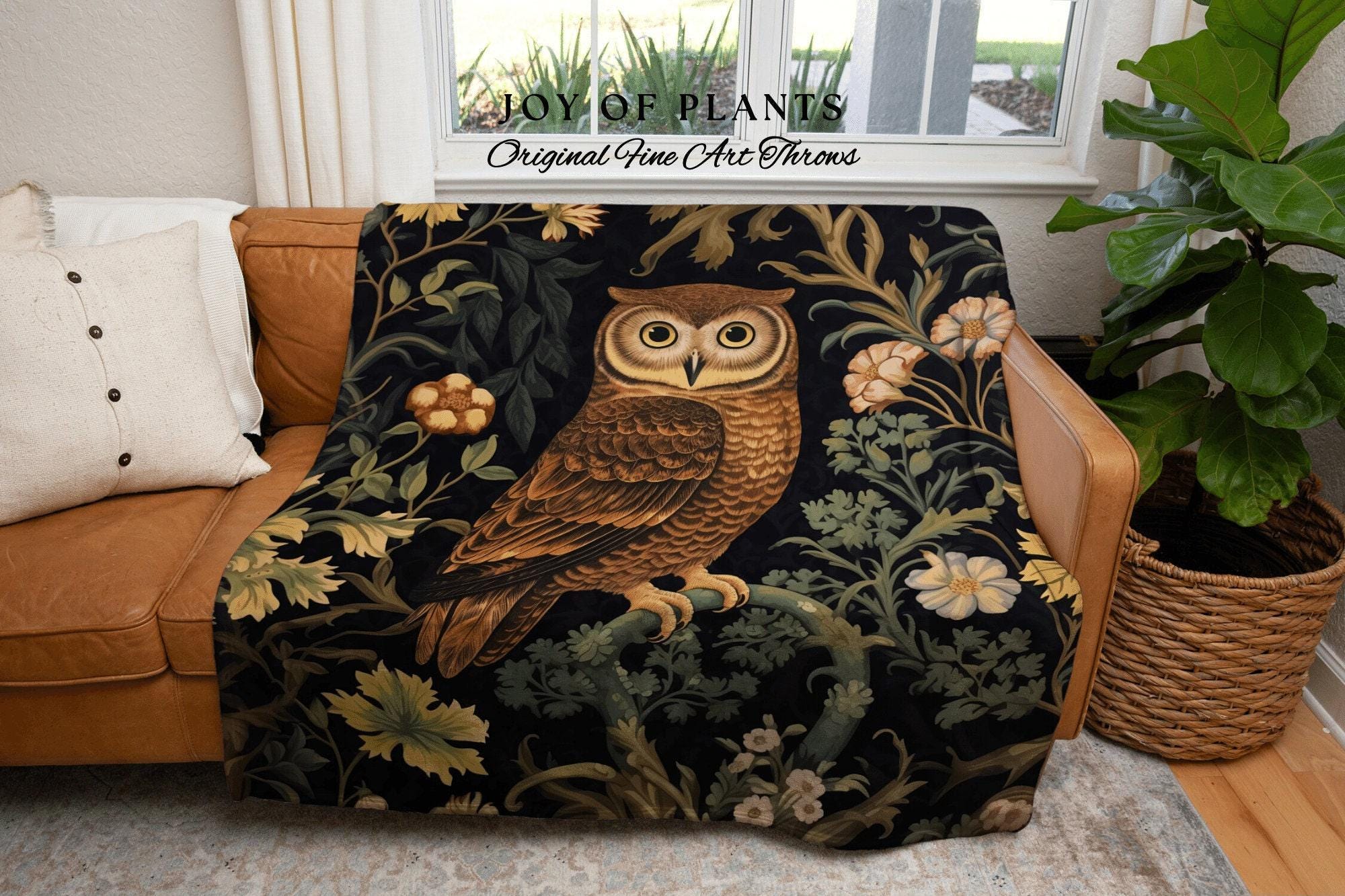 Woodland Owl Woven Blanket | Vintage William Morris inspired Nature Blanket Woodland Botanical Maxim