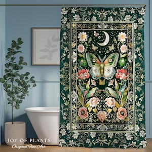 Ethereal Witchy Moth Moon Shower Curtain | Whimsical Cottagecore Dreamy Forest Bathroom Antique Green Celestial Woodland Whimsy Butterfly |