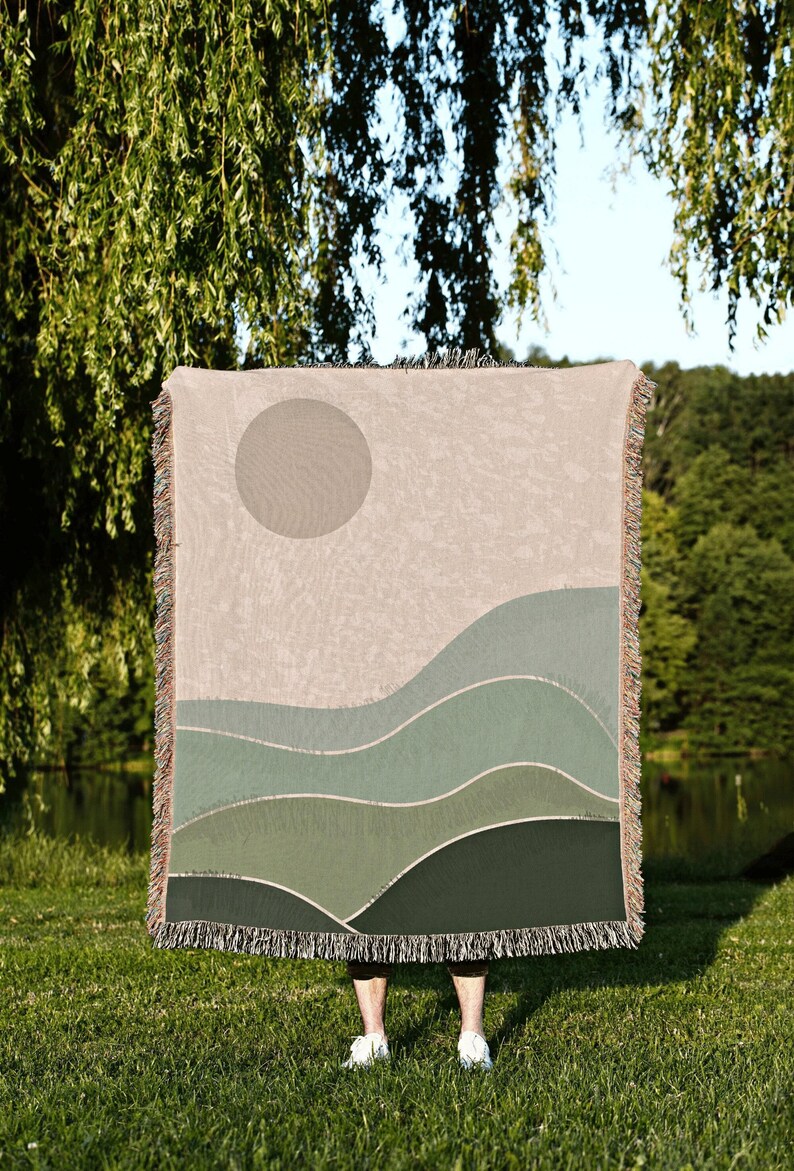 Sage Green Throw Blanket Boho Throw Blanket Woven Abstract Landscape Tapestry | Boho Decor Bedroom Throws Abstract Woven Blanket Boho Decor Bild 7