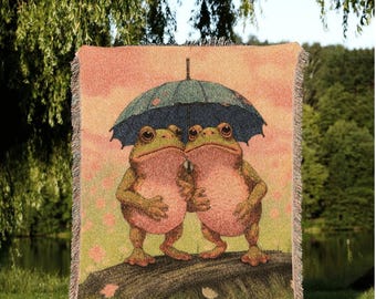 Umbrella Frog Friends Tapestry Blanket Cottagecore Decor | Funny Tapestry Woven Throw Vintage Frog and Toad Blanket Cute Toad Tapestry Funny