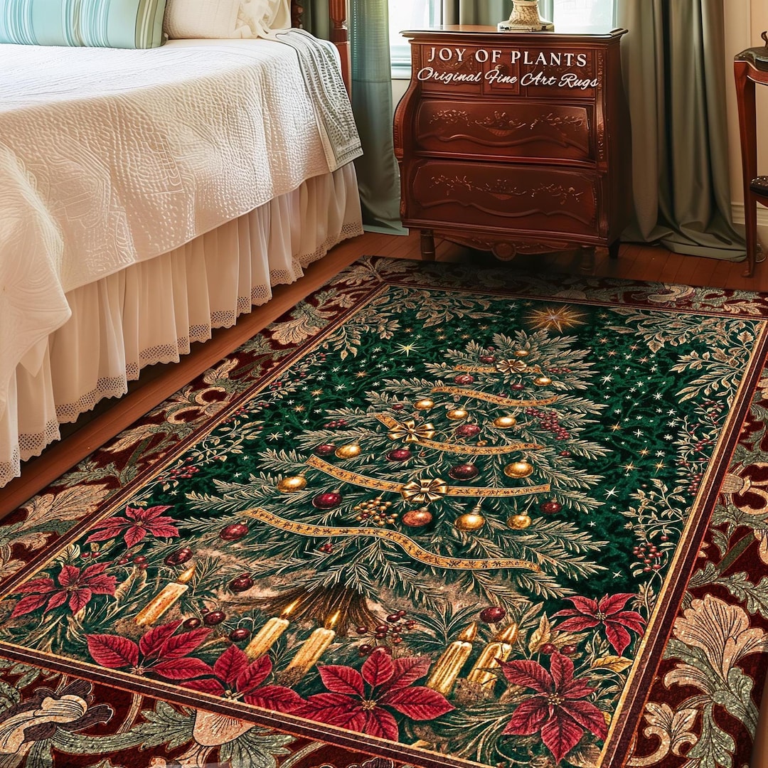 Xmas Tree Rug Regal Christmas Tree Poinsettia Rug | Vintage Xmas Home Decor Accent ...