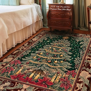 Regal Christmas Tree Poinsettia Rug | Vintage Xmas Home Decor Accent Cozy Winter Decor Festive Cottagecore Throw Rustic Holiday Traditional