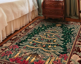 Regal Christmas Tree Poinsettia Rug | Vintage Xmas Home Decor Accent Cozy Winter Decor Festive Cottagecore Throw Rustic Holiday Traditional