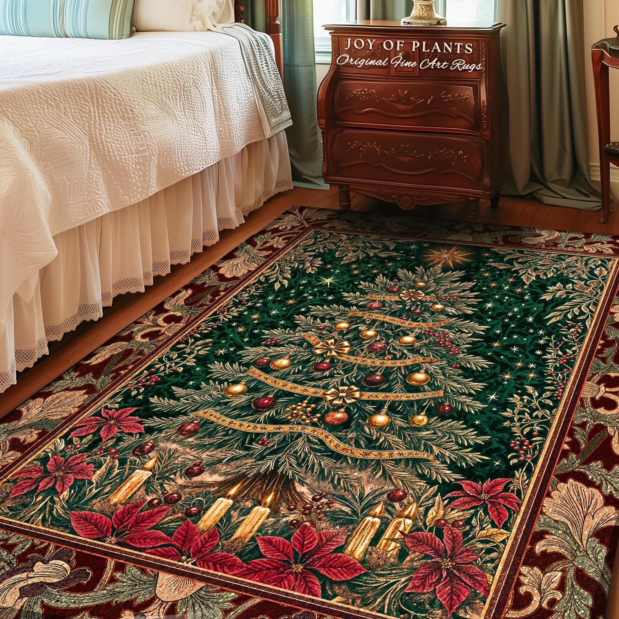 Regal Christmas Tree Poinsettia Rug | Vintage Xmas Home Decor