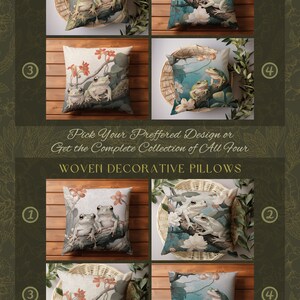 May include: Four different throw pillow designs featuring a pair of frogs on a branch with flowers. The pillows are available in two styles: faux suede and woven. The text "Joy of Plants" is at the top of the image.