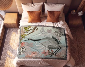Crane Blanket Japanese Woven Throw | Vintage Japanese Art Tapestry | Japanese Crane Art Blanket | Art Print Woven Blanket Japanese Decor |
