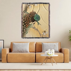 Vintage Japanese Woven Blanket | Japanese Art Blanket | Ohara Koson Art Print | Custom Woven Throw Blanket | Woven Tapestry Japanese Art |
