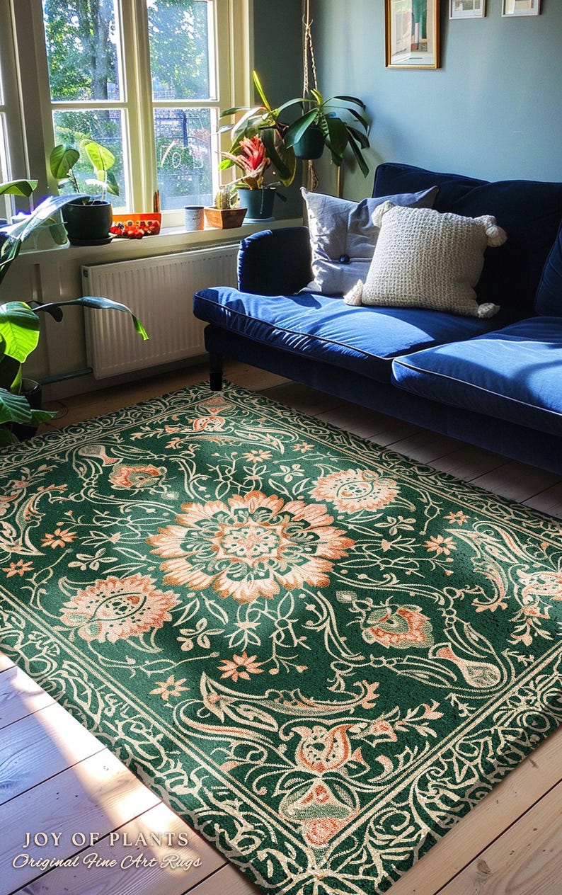 Statement Rug for Living Room | Emerald Green Aesthetic Maximalist Room Decor Classic Ornate Victorian Rug Nordic Accent for Elegant Bedroom afbeelding 4