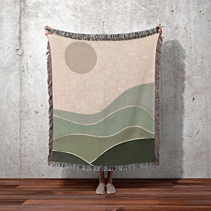 Sage Green Throw Blanket Boho Throw Blanket Woven Abstract Landscape Tapestry | Boho Decor Bedroom Throws Abstract Woven Blanket Boho Decor Bild 1