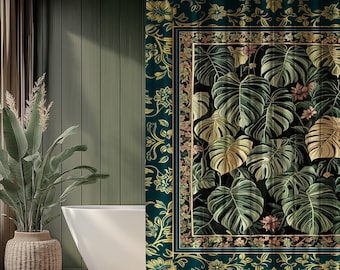 Monstera Shower Curtain Unique | Herbology Style Dark Cottagecore Tropical Aesthetic Dark Floral Houseplant Botanical Bathroom Whimsical |