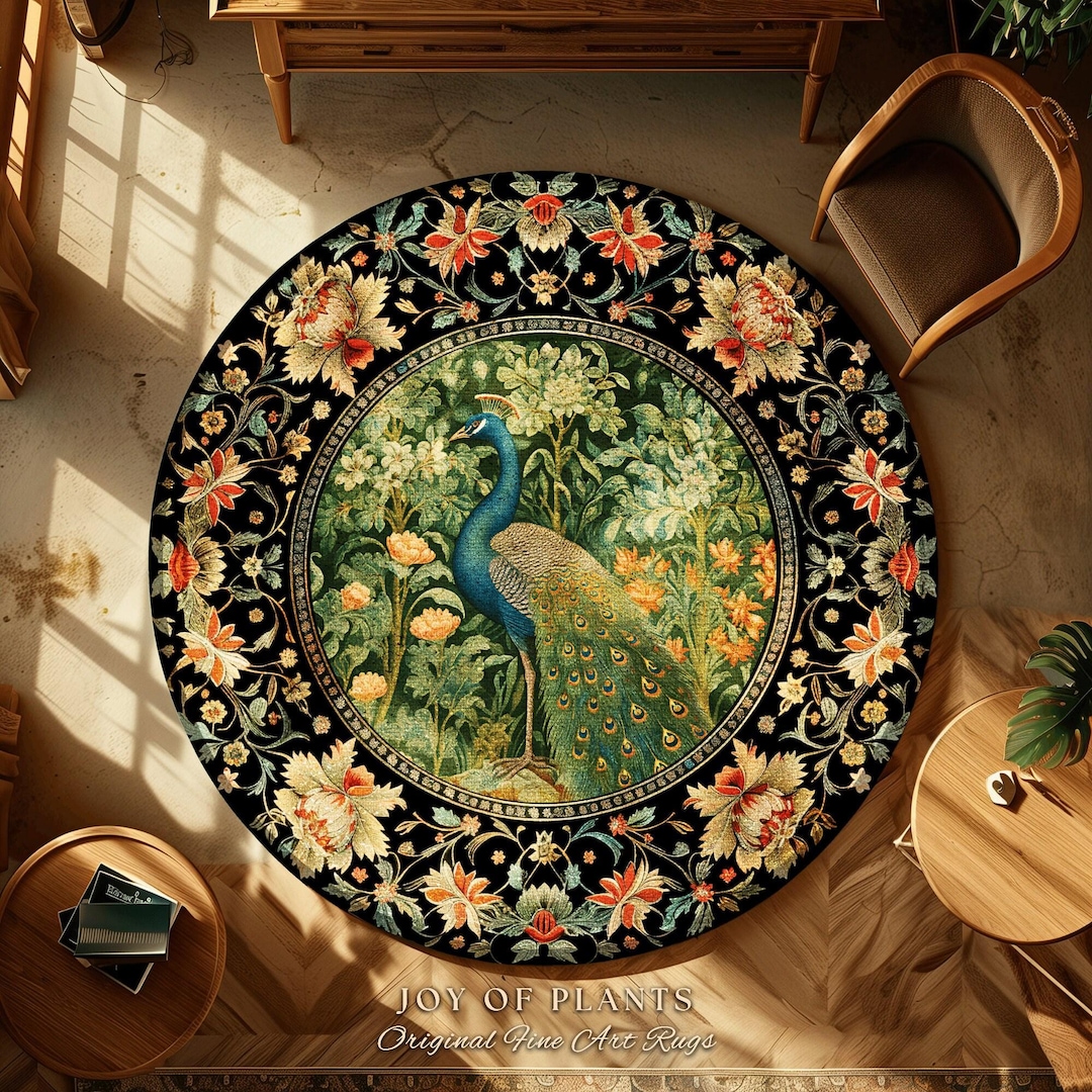Floral Cottagecore Round Peacock Rug Botanical Bedroom Decor Morris ...
