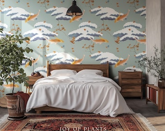 Calming Pastel Clouds Wallpaper | Koi Fish Japanese Wall Art Tranquil Atmosphere Meditation Room Peel and Stick Decor Muted Sage Palette