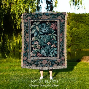 Elegant Botanicals Dark Forestcore Blanket | Woodland Fairycore Tapestry Woven Wall Art Dark Cottagecore Vintage Style Moody Bedroom Teal |