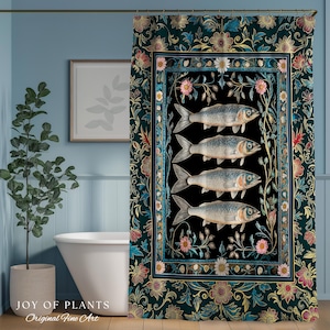 May include: A decorative shower curtain featuring four fish on a black background, framed by a floral border. The curtain has a dark green background with colorful flowers and foliage. The text "JOY OF PLANTS Original Fine Art" is at the bottom.