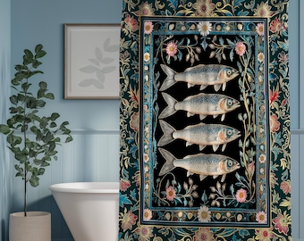 Eclectic Botanical Sardine Cozy Bathroom Decor | Nautical Lake House Shower Curtain Indie Coastal Aesthetic Oceancore Vintage Sea Life Bath