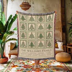 Family Tree Blanket Festive Patchwork Folk Art Pine Tree Tapestry Throw, Personalized Sentimental Christmas Gift for Grandparents with Names