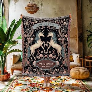 Magical Aesthetic Unicorn Couple Blanket | Fairytale Wedding Anniversary Gift for Girlfriend Custom Dating Tapestry Personalized Unique |