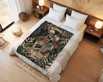 Vintage Botanical Skeleton Blanket | Wedding Anniversary Blanket Woven Tapestry Skeleton Couple Gift Personalized Anniversary Gift for Goths