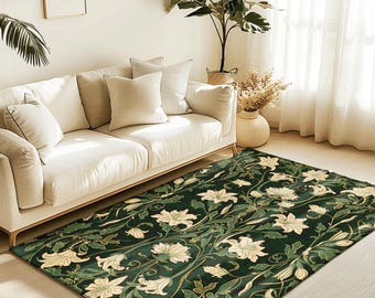Maximalist Bedroom Rug Botanical | Elegant Room Decor Floral Aesthetic Forest Green Floor Rug Playful Room Accent Nordic Pastel Cottagecore