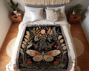 Dark Academia Blanket Woven Tapestry Cottagecore Decor Celestial Butterfly Decor Dark Cottagecore Moth Blanket Woven Tapestry Mystical