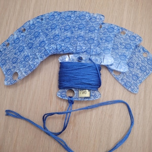 May include: A spool of dark blue embroidery floss with a white label marked "798" is the focal point. Several blue lace-patterned paper templates fan out above the spool. The background is a light-colored wooden surface.