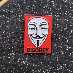 Guy Fawkes Mask Disobey on Red Enamel Brooch Magnet needle minder