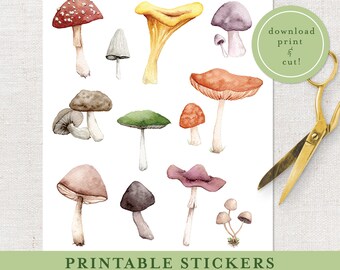 Mushrooms Printable Stickers | Journal Stickers | Digital Printable Planner Sticker | Autumn Stickers | Scrapbooking Printable