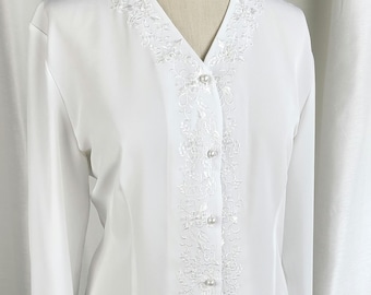 Vintage White Floral Embroidered and Pearl Beaded Romantic Blouse