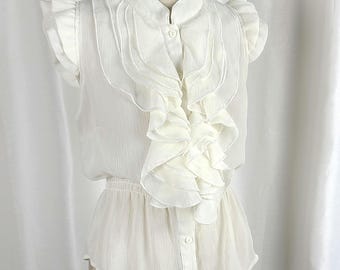 Vintage Ivory Poet Blouse Ruffle Collar Sleeveless Peplum High Collar Academia Top