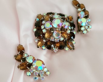 Vintage topaz color AB brooch and clip on earring set