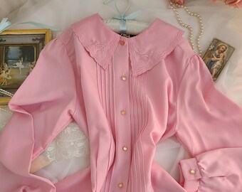 Cottagecore Vintage bestickter Kragen rosa Bluse