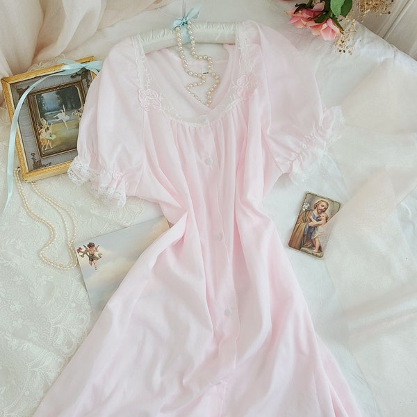 Romantic shabby cottagecore pink cotton nightgown